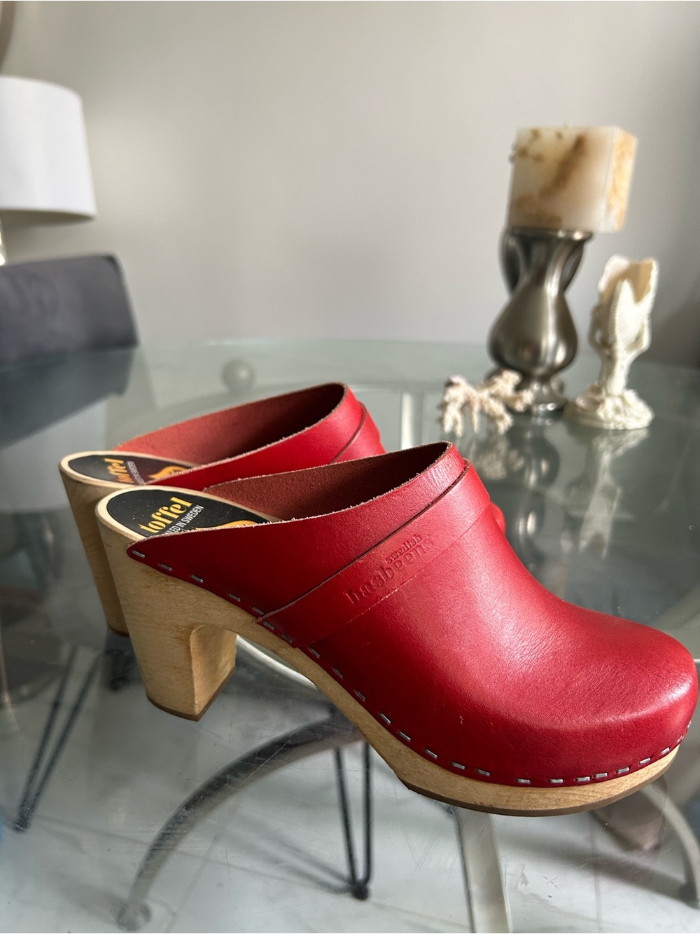 Hasbeens Toffel Swedish Born Red Leather Clog Mules with Wood Block Heel size 38 - Picture 2 of 9